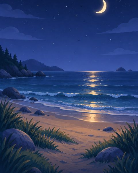 A beach at night with moonlight on the water