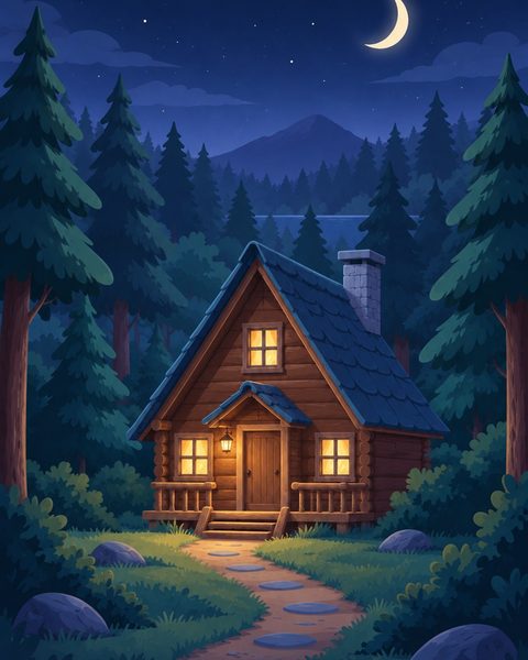 A log cabin with lit windows at night