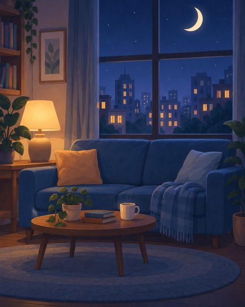 A living room with a view of the city at night