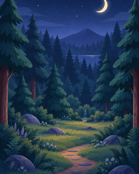 A path through a pine forest under a crescent moon