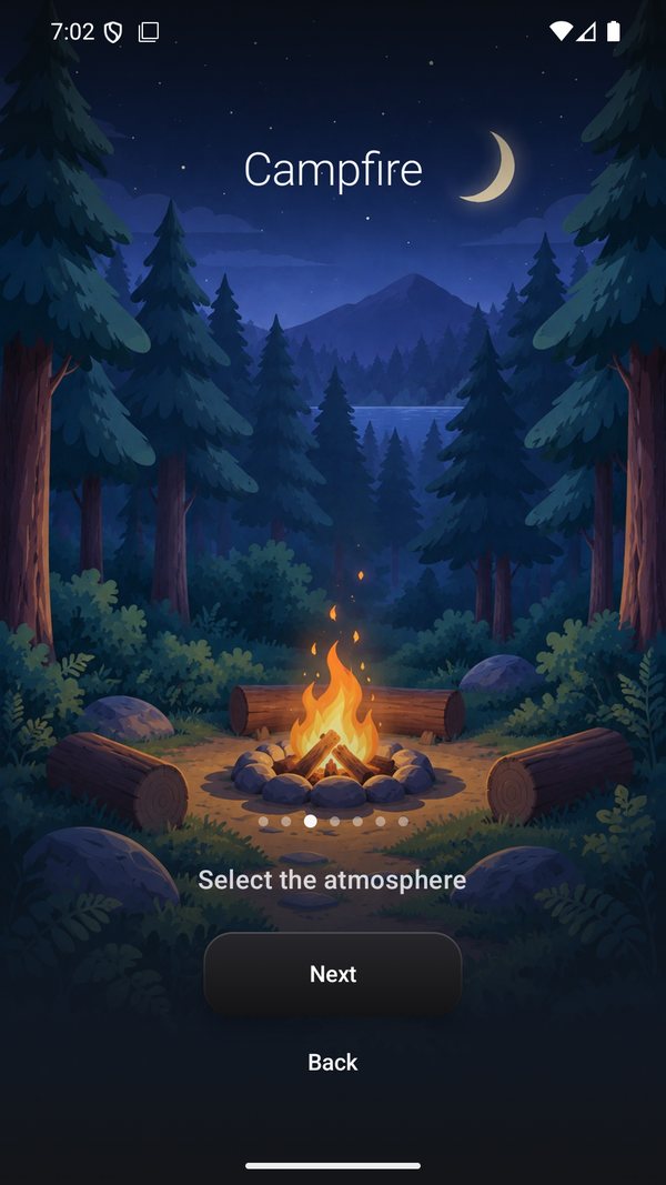 Atmosphere gallery showing a campfire in the forest with the prompt select the atmosphere