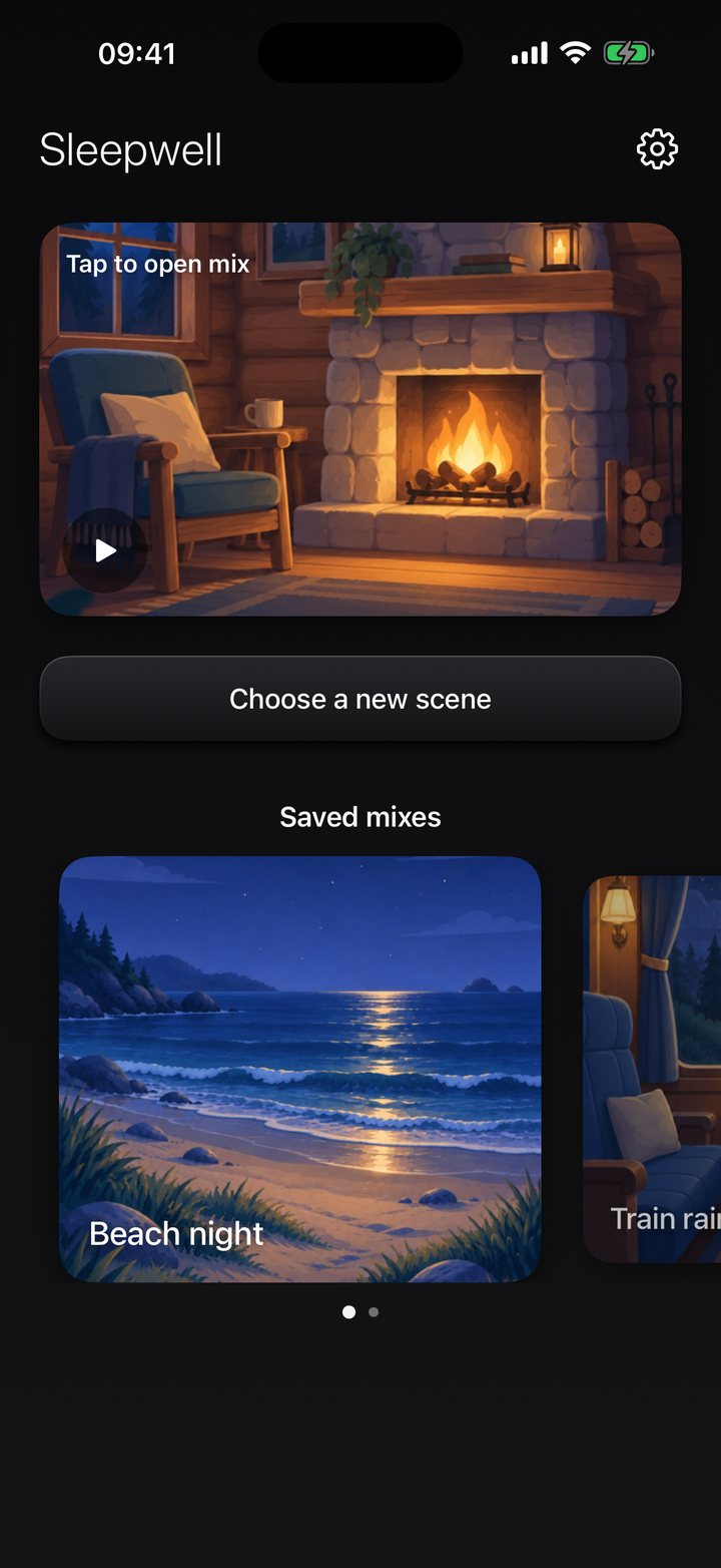 The home screen with the current fireplace mix and saved mixes named beach night and train rain