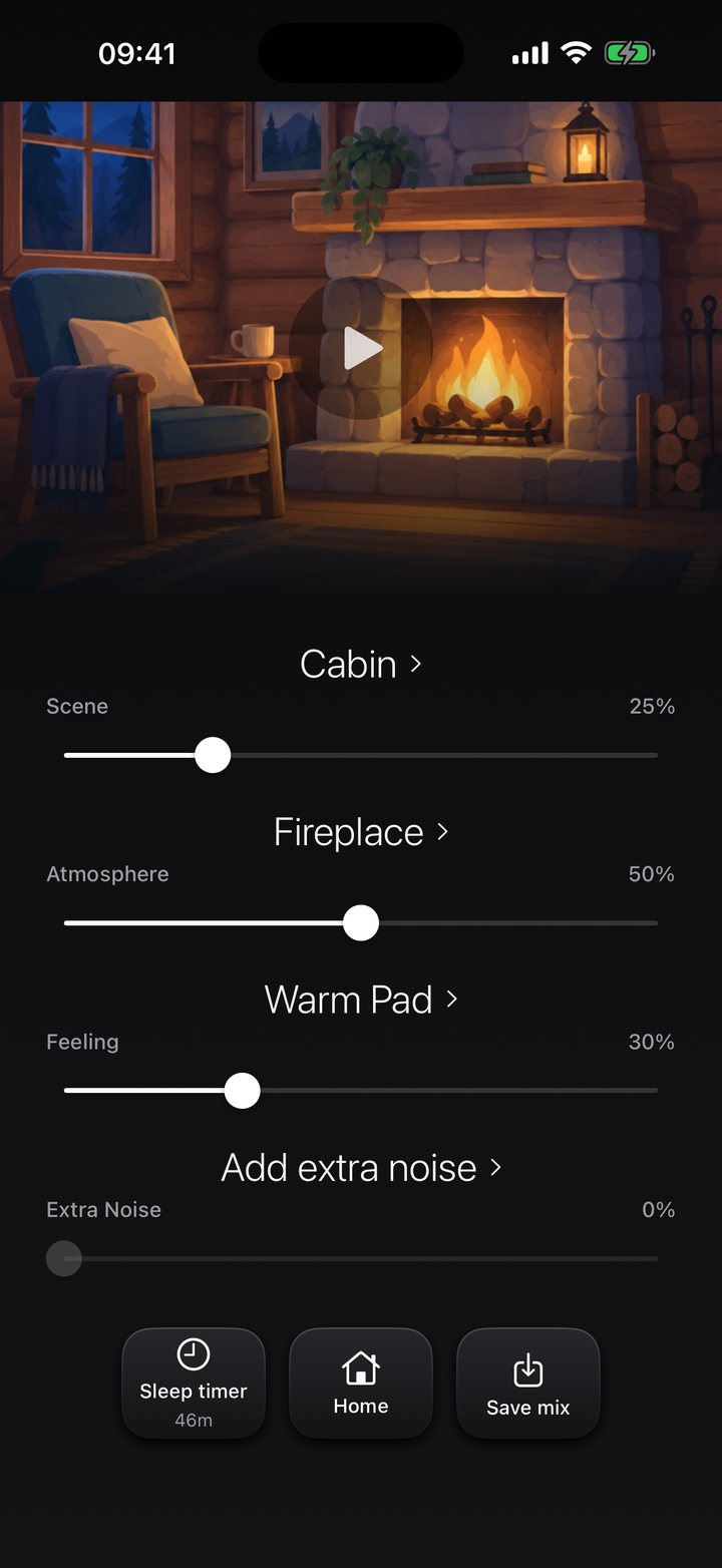 The player with a cabin fireplace picture and four sliders for scene, atmosphere, feeling and extra noise